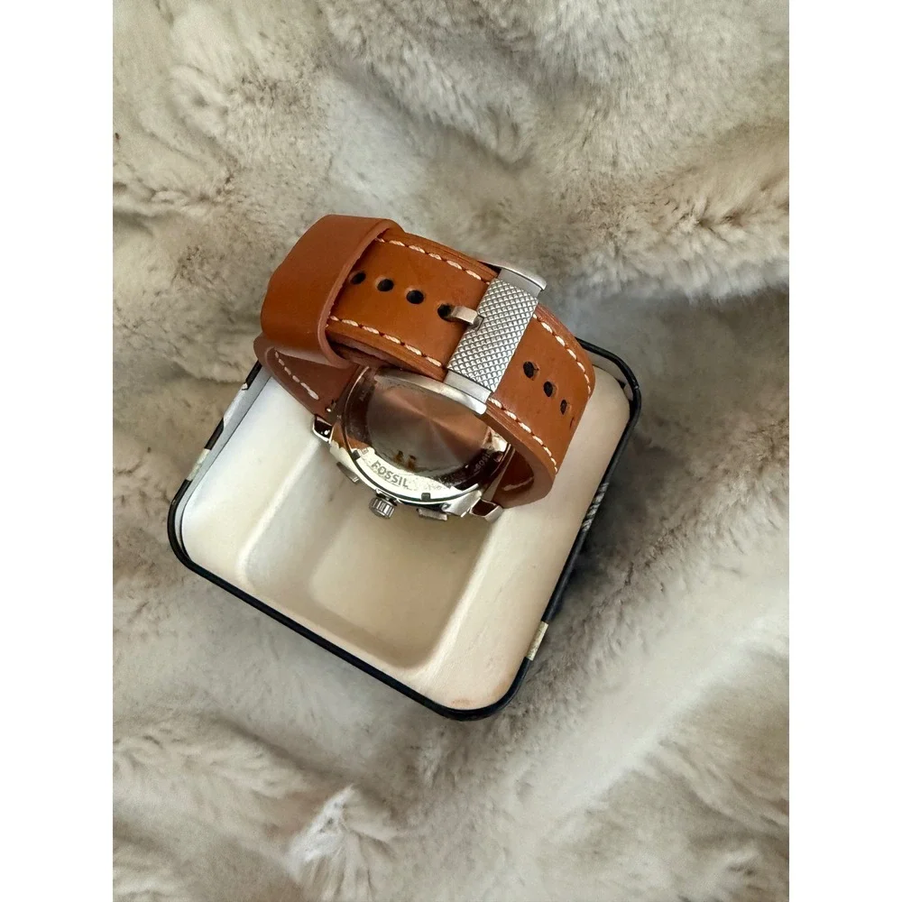 Fossil Machine Chronograph Mens Watch Tan Leather Strap FS4659 Silver Case